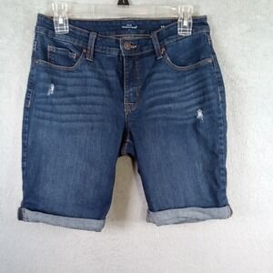 New Directions Womens Dark Wash Distressed Cuffed Bermuda Denim Shorts Size 6R